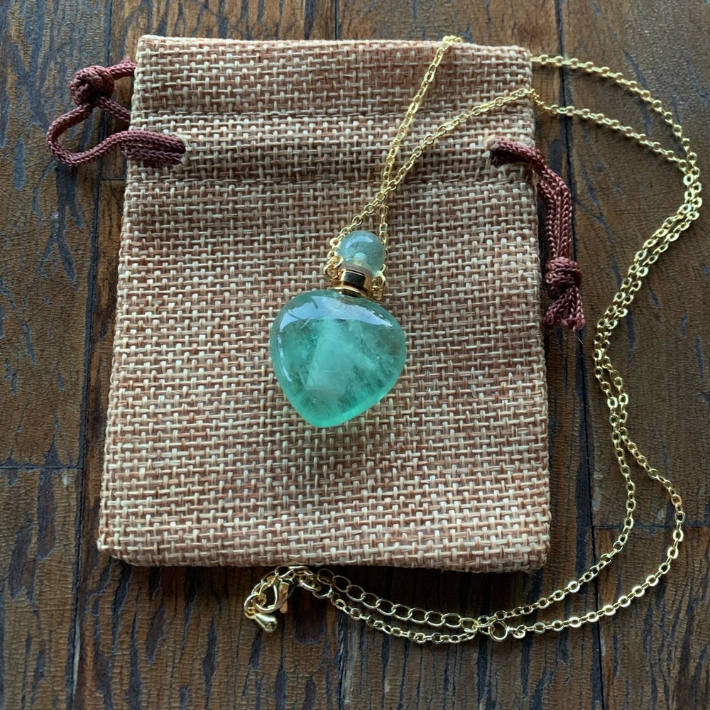 Fluorite Perfume Bottle Fluorite Heart Shaped Necklace Gold Perfume Necklace